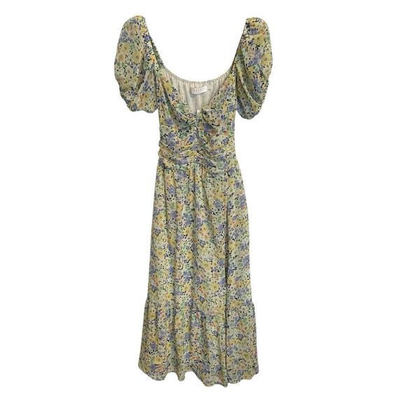ASTR the Label Irma Puff Sleeve Dress Midi Yellow Blue Floral XS NWT - Picture 2 of 9